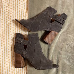 Joe’s Suede Taupe Peep Toe Wooden Heel